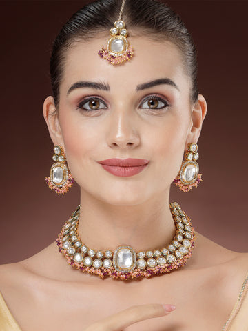 Karatcart Pink and Purple Crystal Polki Kundan Necklace Set for Women