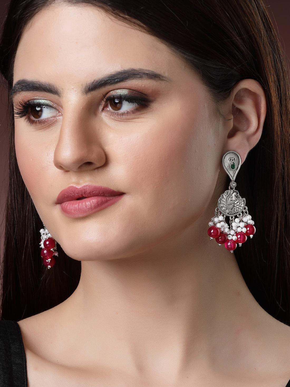 Karatcart Oxidised Silver Red Beads Peacock Design Kundan Drop Earrings for Women