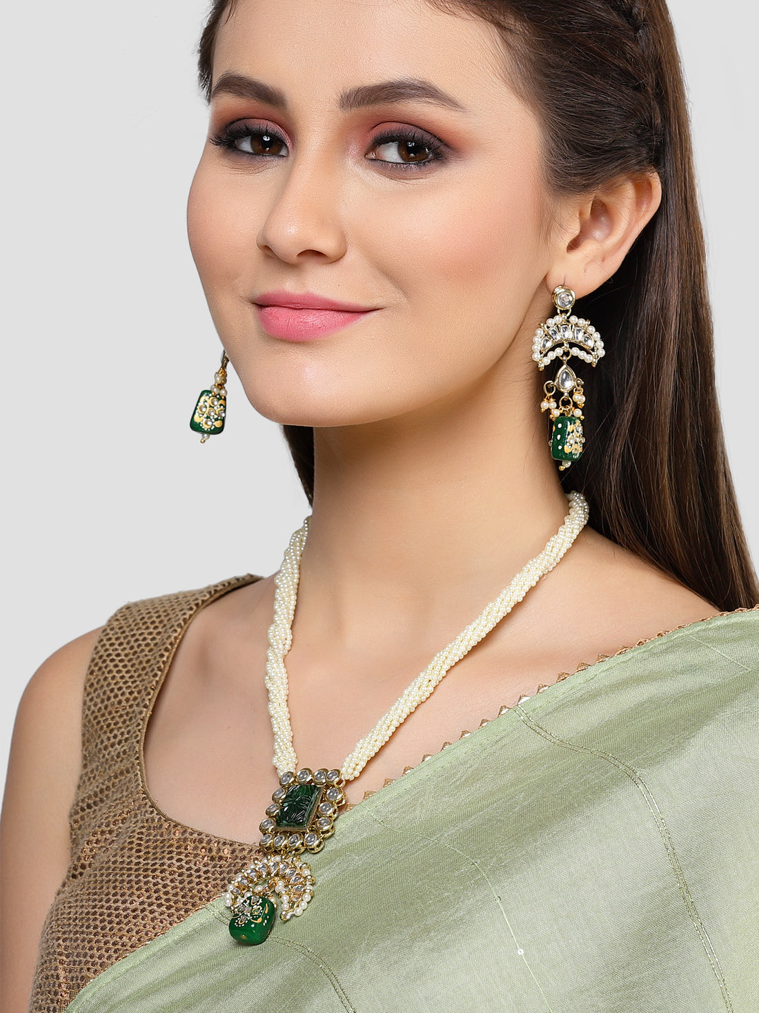 Karatcart Gold Plated Green Carved Stone and Tumble Studded Kundan Rani Haar Necklace Set for Women