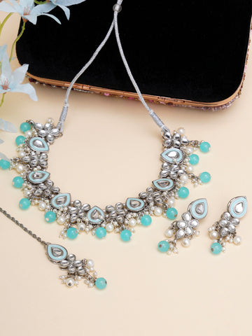 Karatcart Light Blue Beads Oxidised Silver Kundan Necklace Set for Women