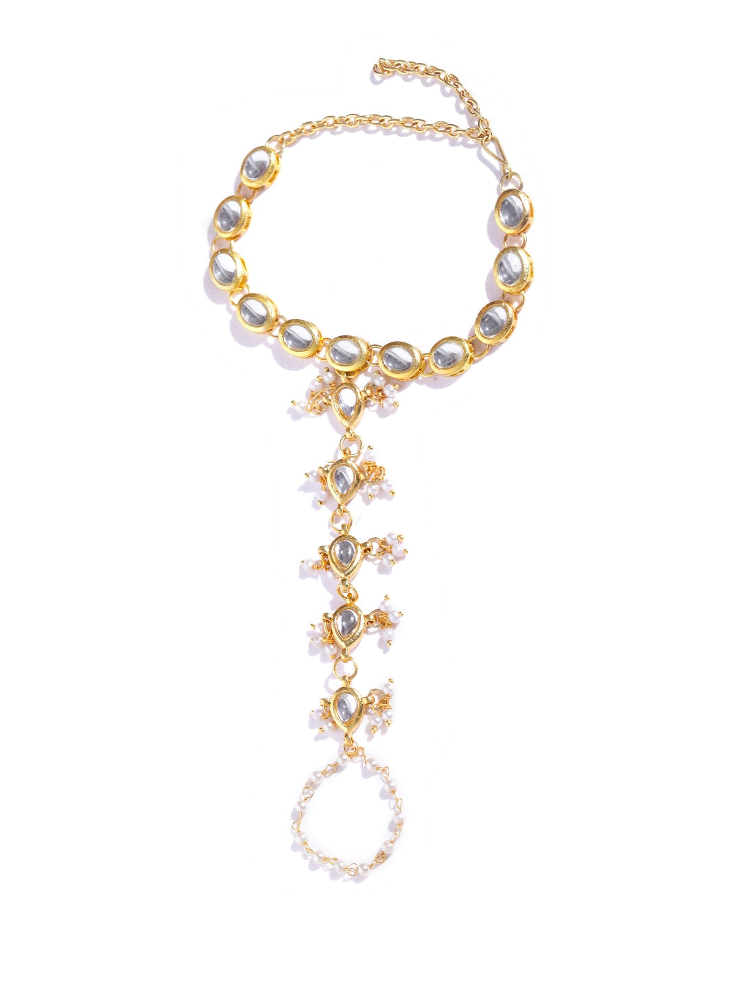Gold-Plated Kundan Pearl Chain Hathphool with Tassel Beads