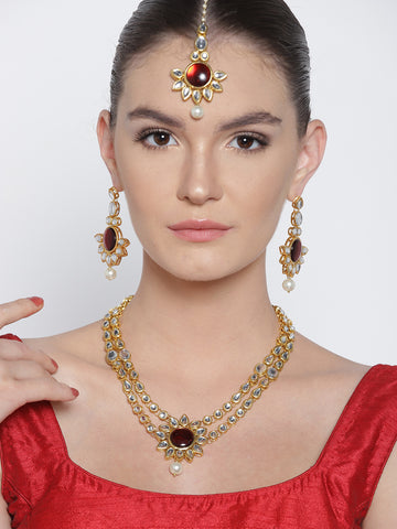 Karatcart Gold-Plated Handcrafted Red Kundan Stone Studded Rani Haar Necklace Set