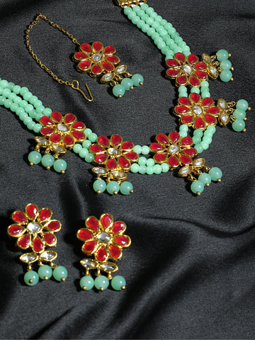 Kundan Red and Mint Green Beaded Choker Necklace Set