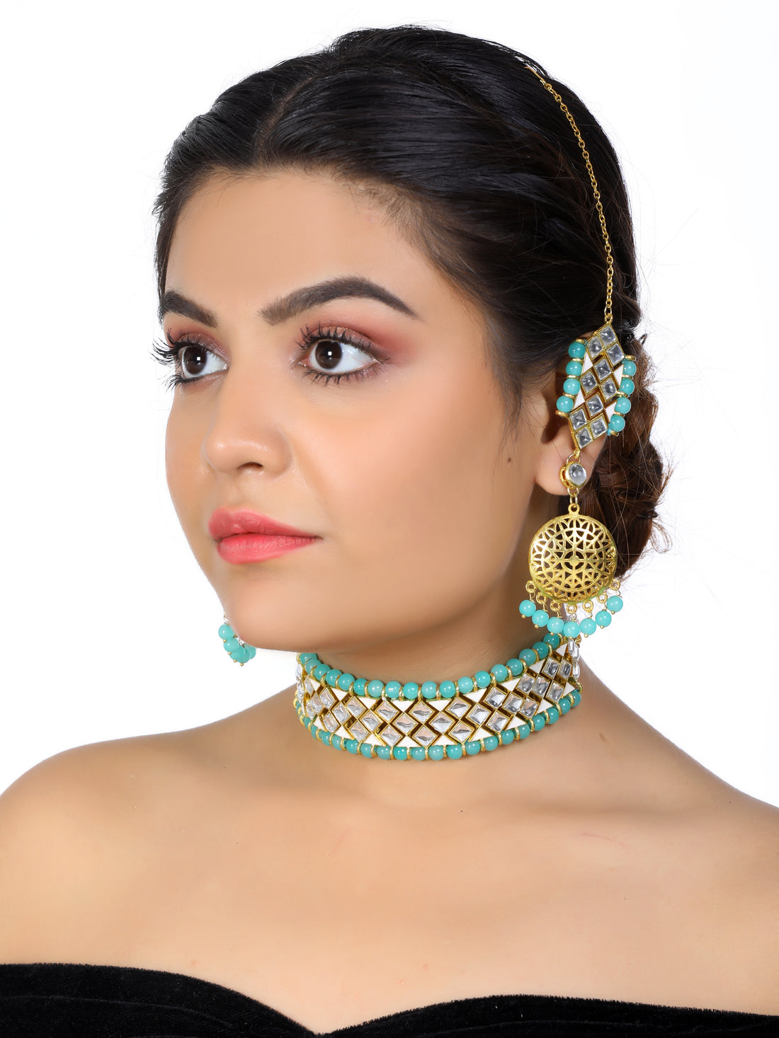 Kundan Blue Beads Choker Necklace Set with Kaanchain Earrings