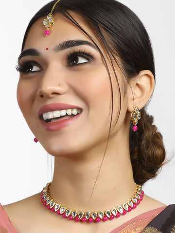 Karatcart Gold-Plated Handcrafted Kundan & Pink Beads Studded Necklace Set