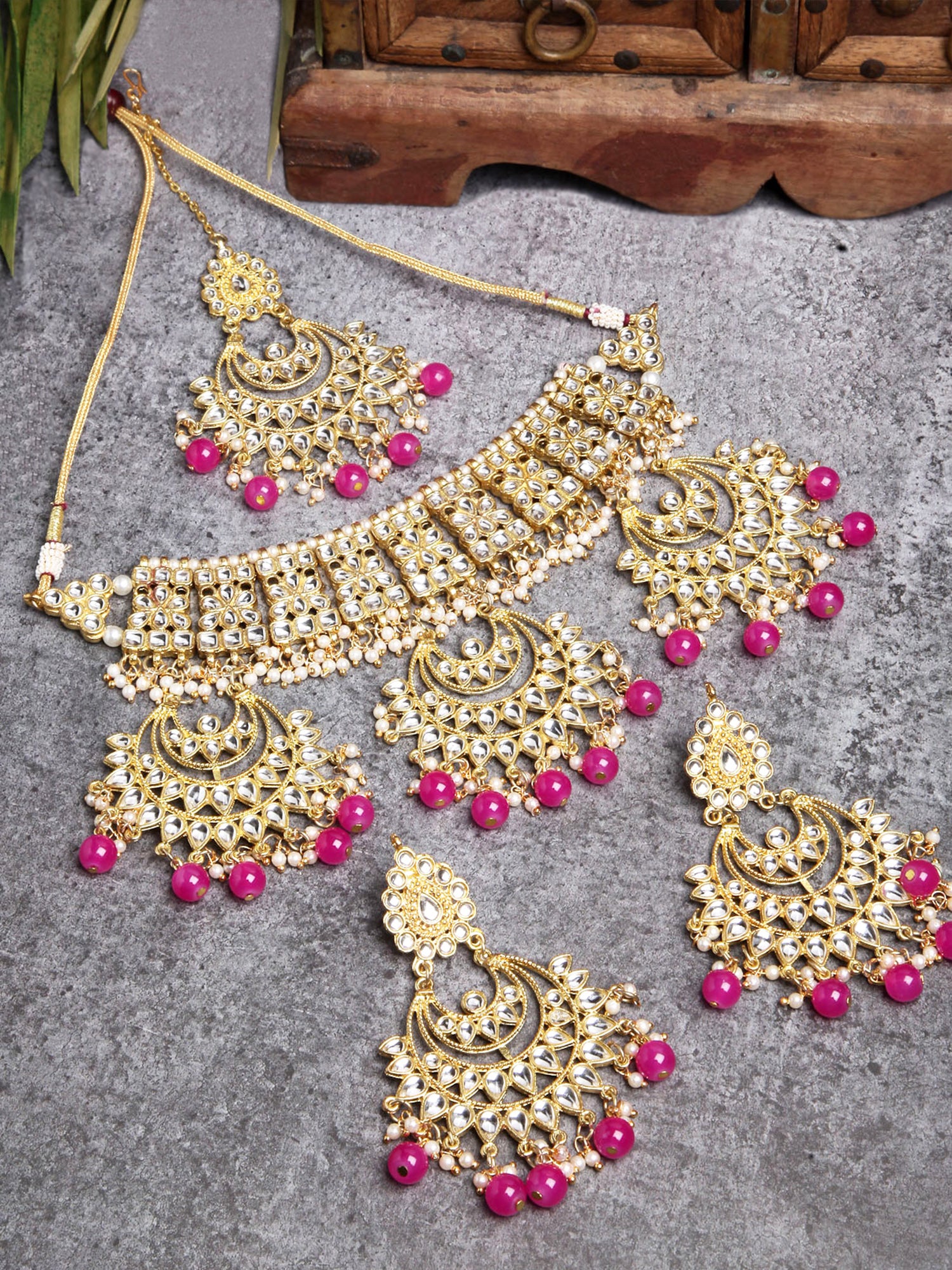 Pink Beads Gold-Toned Kundan Studded Bridal Choker Necklace Set
