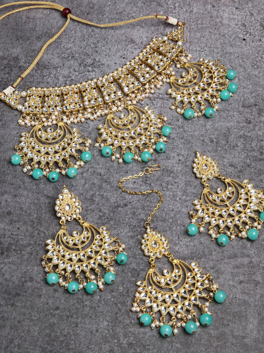 Light Blue Beads Gold-Toned Kundan Studded Bridal Choker Necklace Set