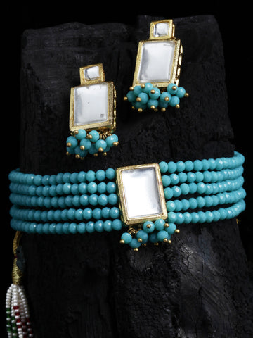 Traditional Light Blue Crystal Kundan Choker Necklace Set