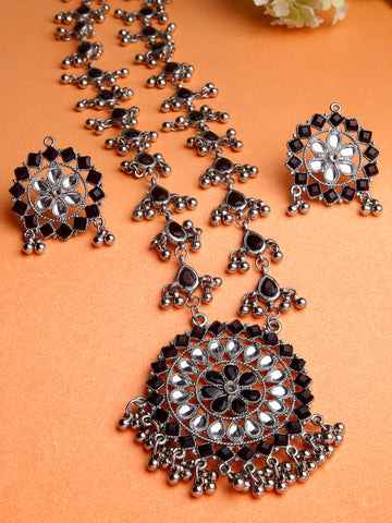 Oxidised Silver Toned Floral Rani Haar Necklace Set
