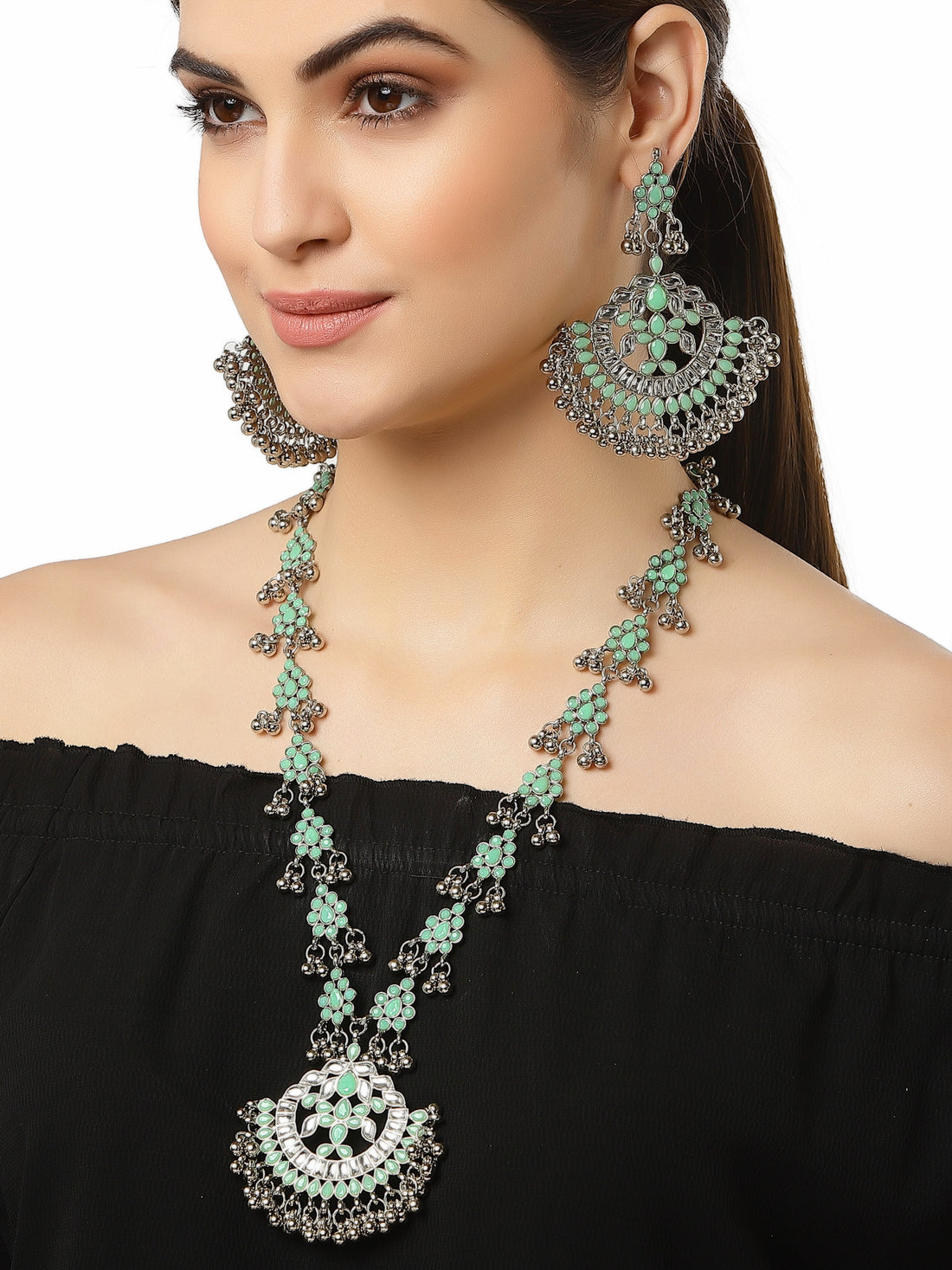 Oxidised Silver Lime Green Kundan Studded Antique Rani Haar Necklace Set