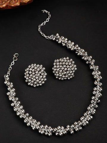Oxidised Silver Tone Tassel Ball Choker Necklace Set