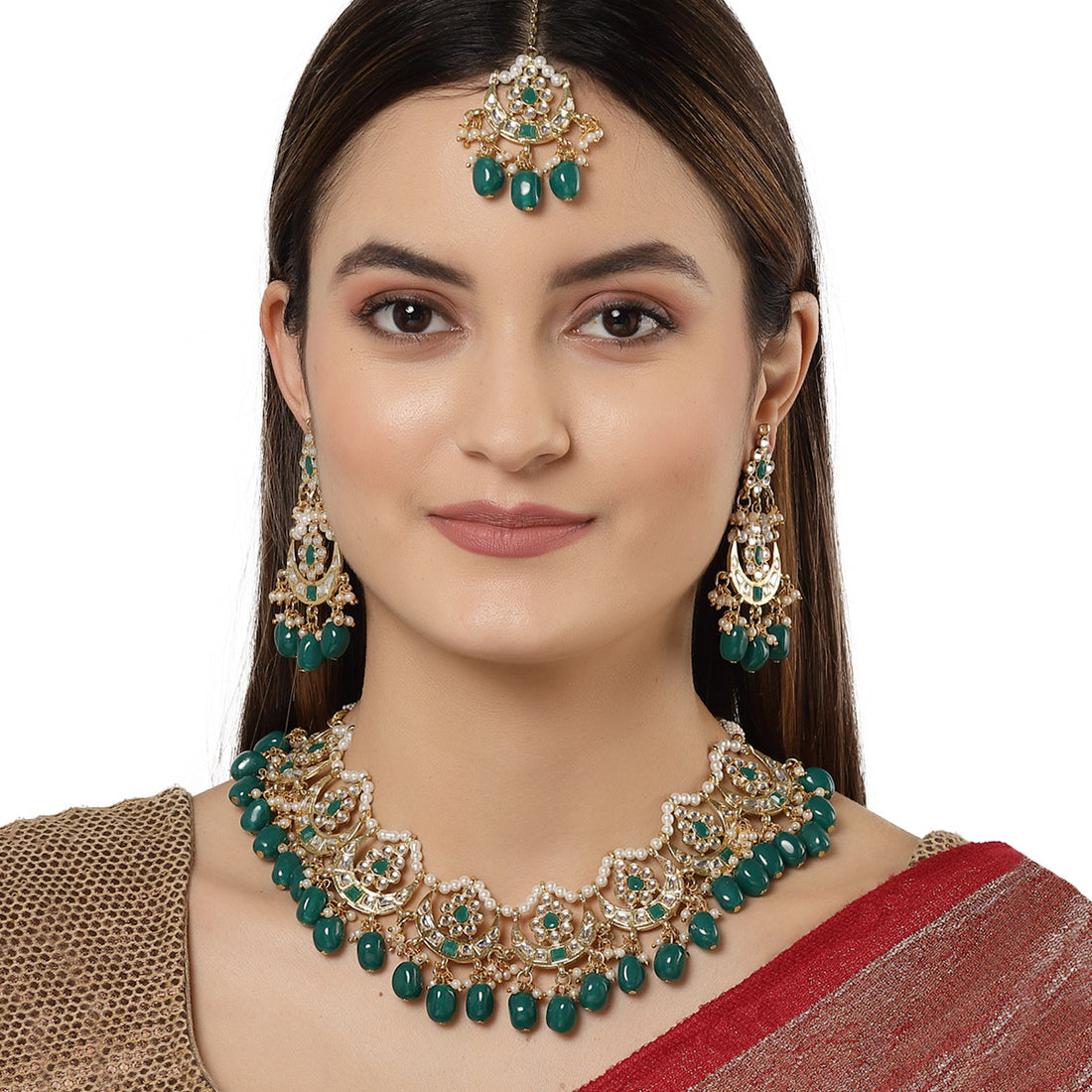 Karatcart Gold Plated Green Tumble Kundan Choker Necklace Setfor Women