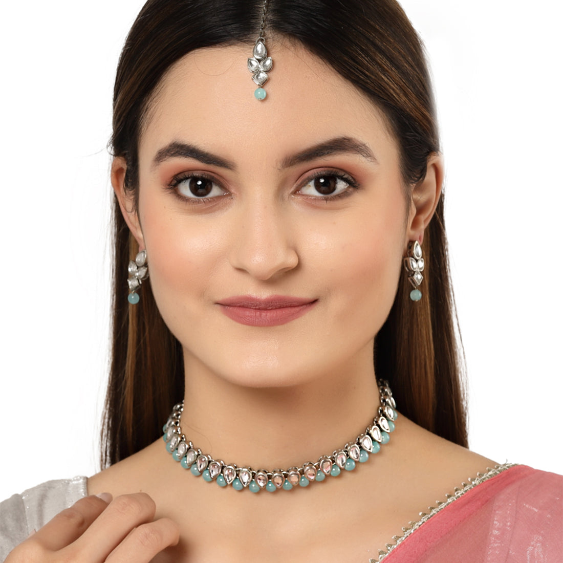 Karatcart Oxidised Silver Handcrafted Kundan & Light Blue Beads Studded Necklace Setfor Women