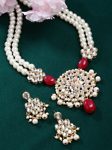 Karatcart Gold Plated Red Tumble and Pearl Studded Kundan Necklace Set for Women