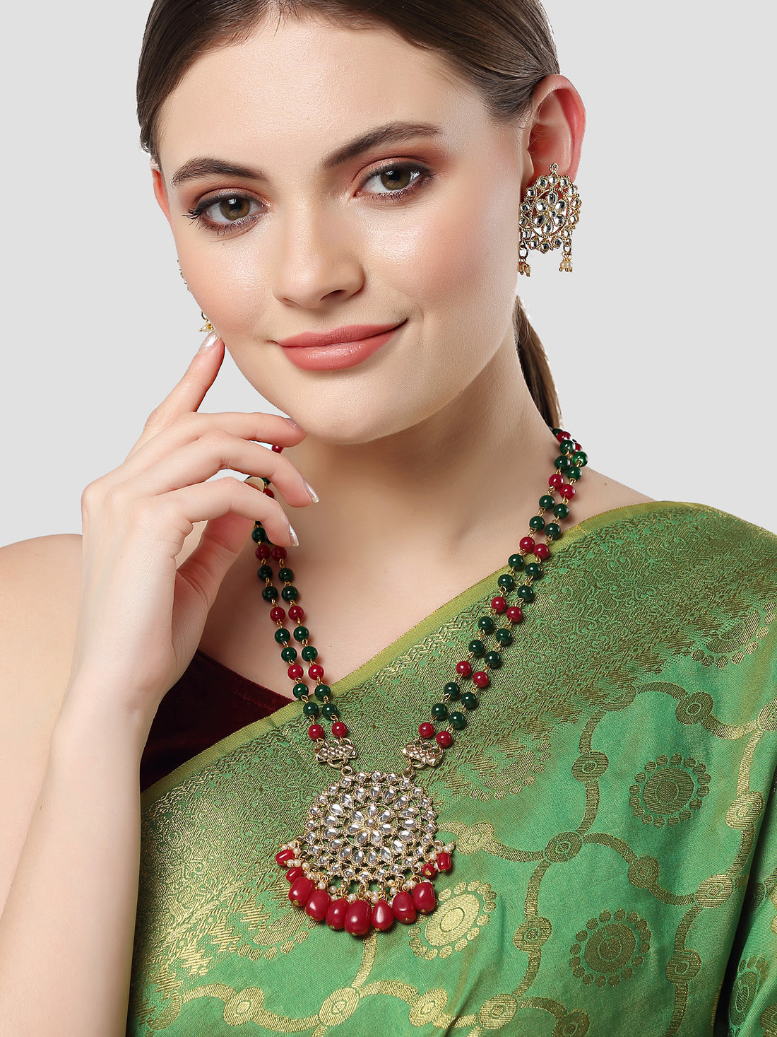Karatcart Gold Plated Red and Green Beads Kundan Rani Haar Necklace Set for Women