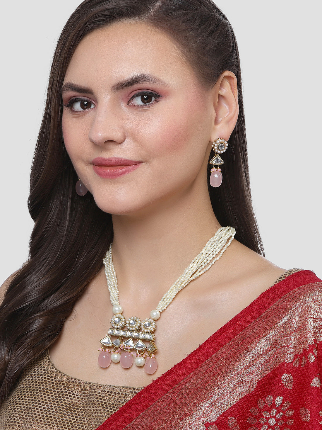 Karatcart Gold Plated Pink Tumble and Pearl Rani Haar Necklace Set for Women