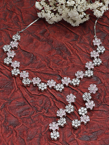 Karatcart Silver Tone Pink Floral AD Necklace Set for Women
