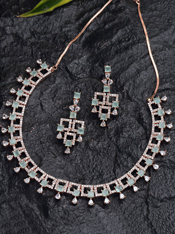 Karatcart Rose Gold Plated Lime Green Cubic Zirconia Studded Necklace Set For Women