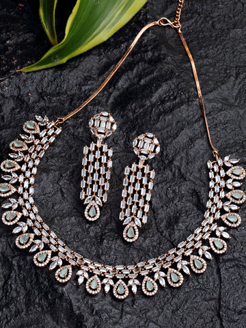 Karatcart Rose Gold Plated Lime Green Cubic Zirconia Studded Necklace Set For Women