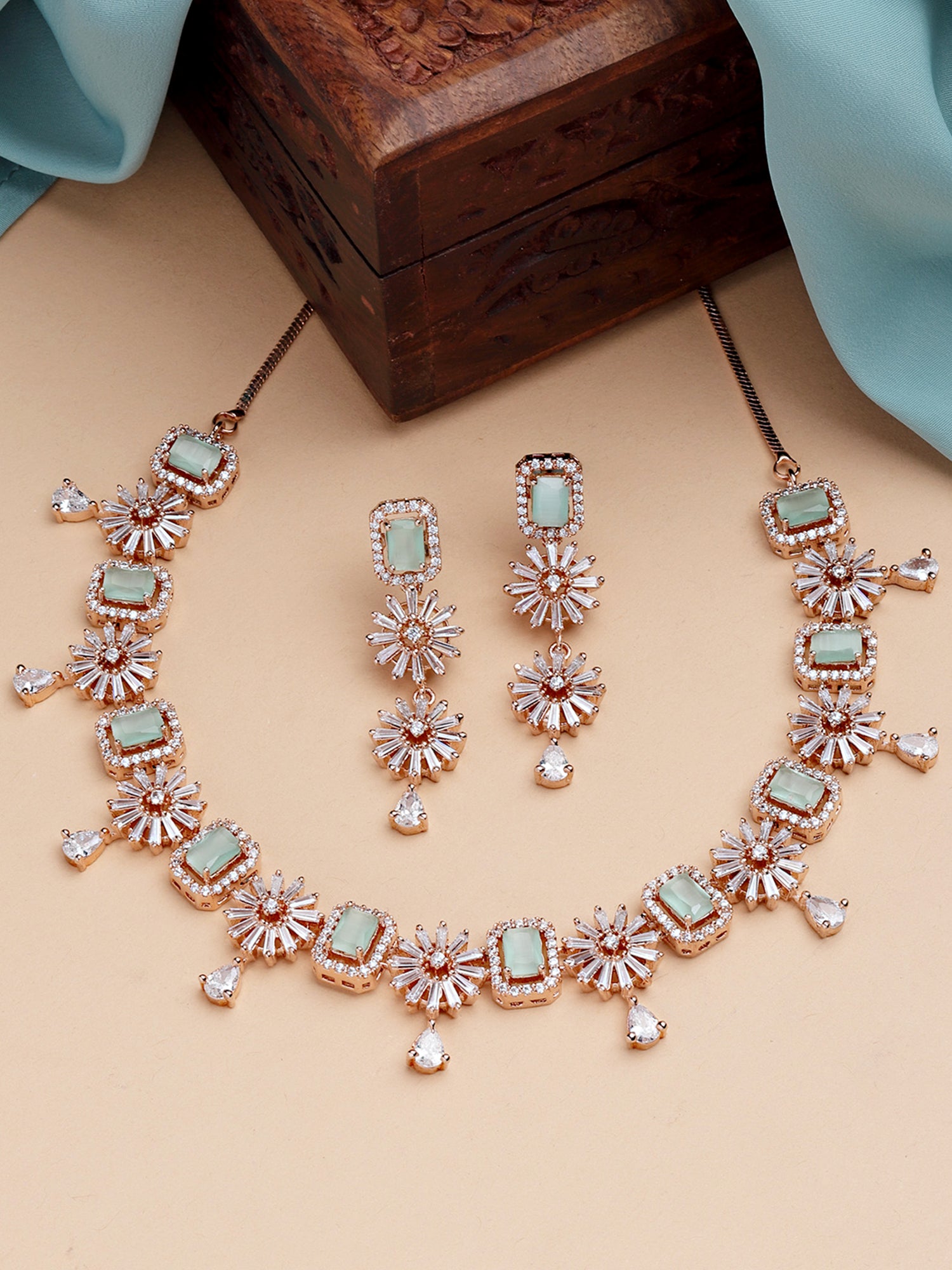 Karatcart Rose Gold Plated Light Green AD Necklace Set for Women