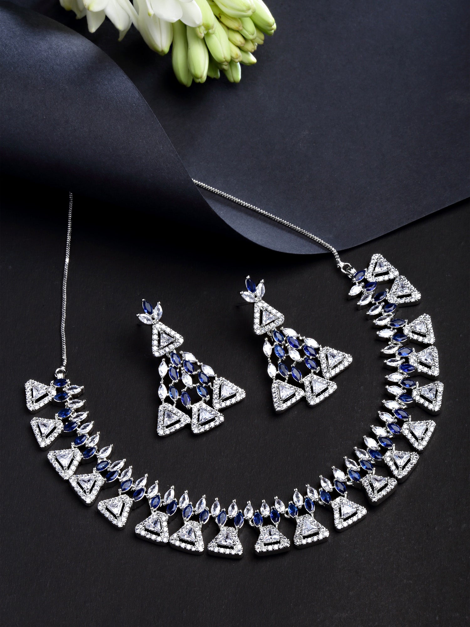 Karatcart Silver Plated Triangle Shape Blue Cubic Zirconia Studded Necklace Set for Women