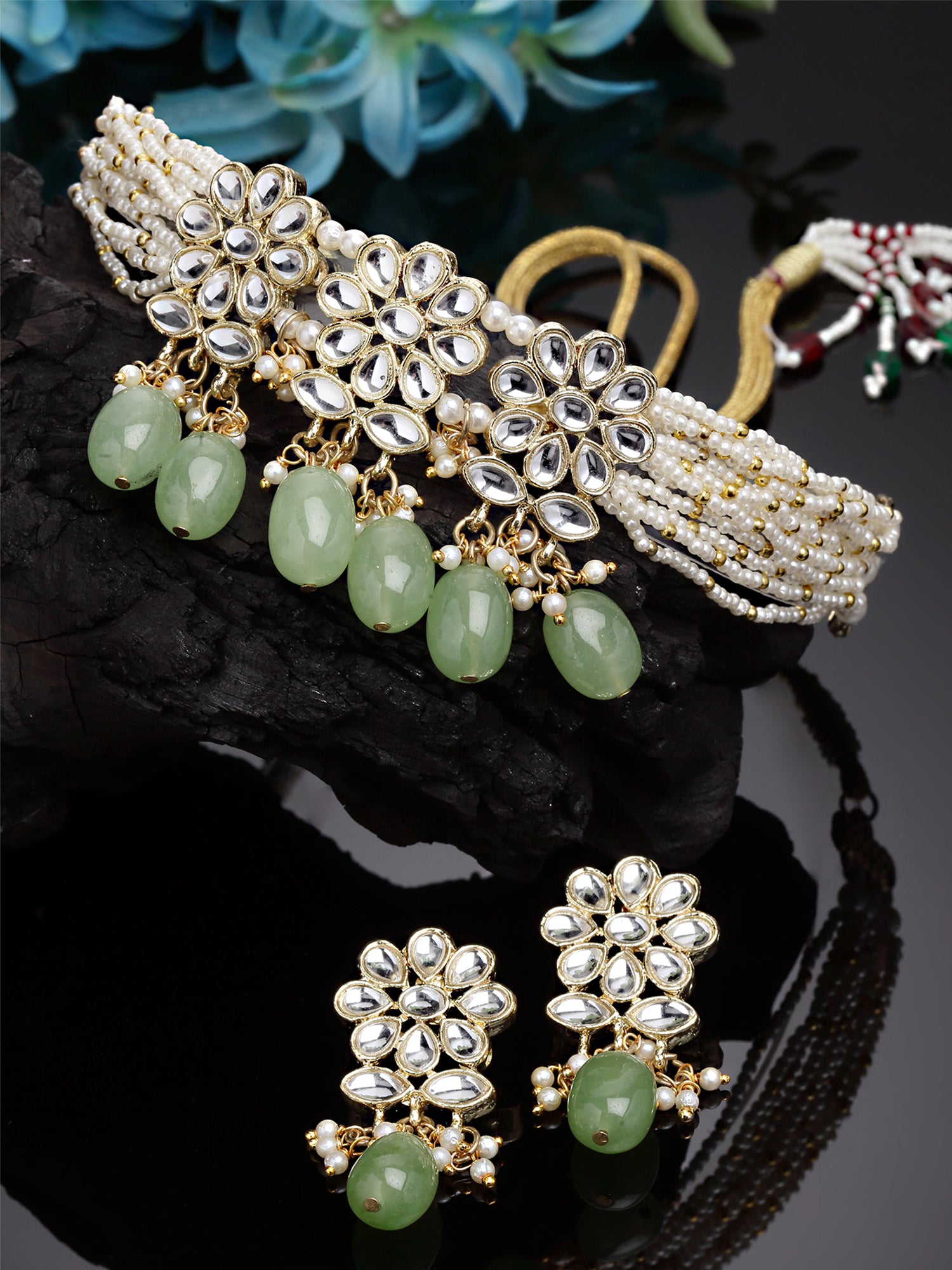 Karatcart Gold Plated Light Green Tumble Studded Pearl Beaded Kundan C