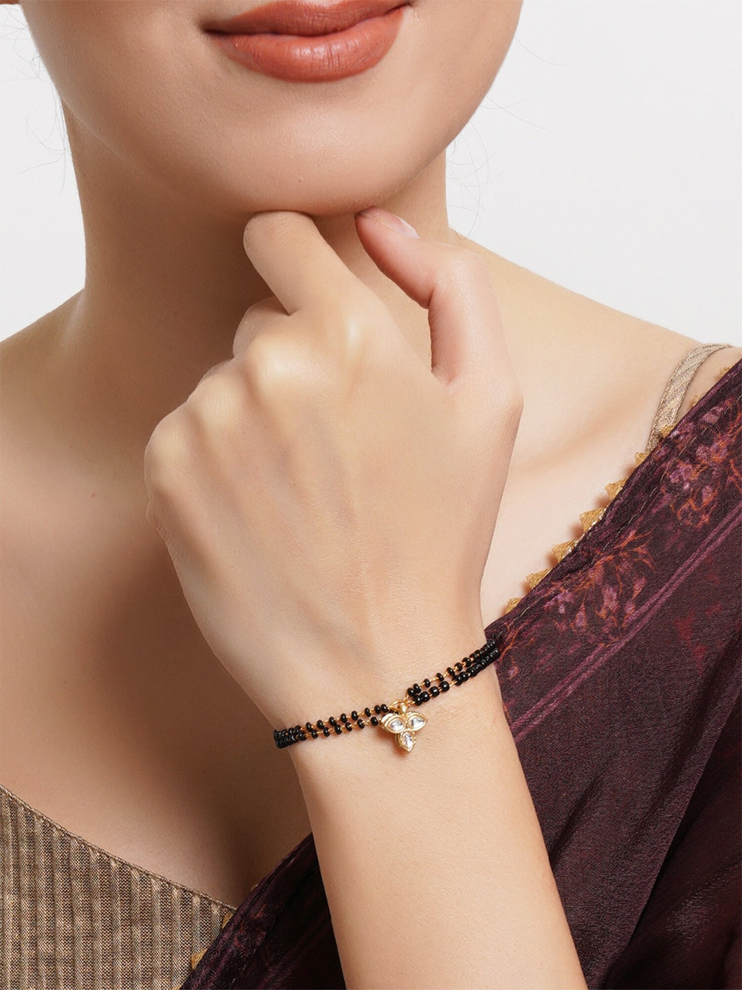 Women Gold-Toned & Black Kundan Gold-Plated Charm Mangalsutra Bracelet