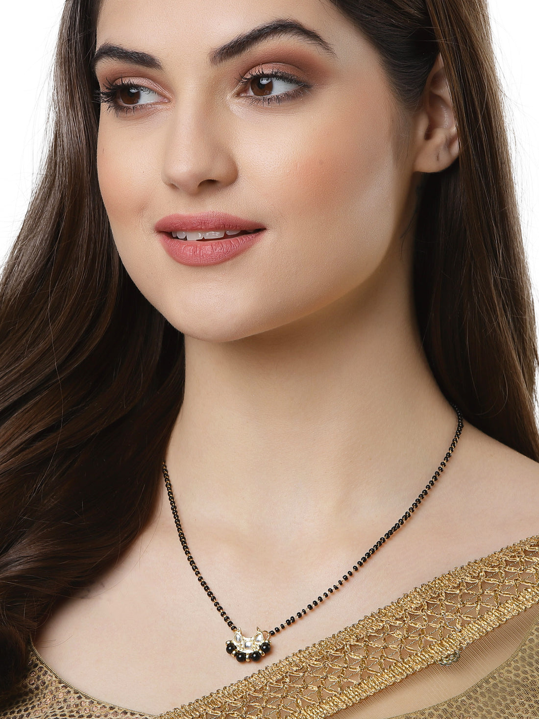 Gold Plated Black Beaded Kundan Mangalsutra
