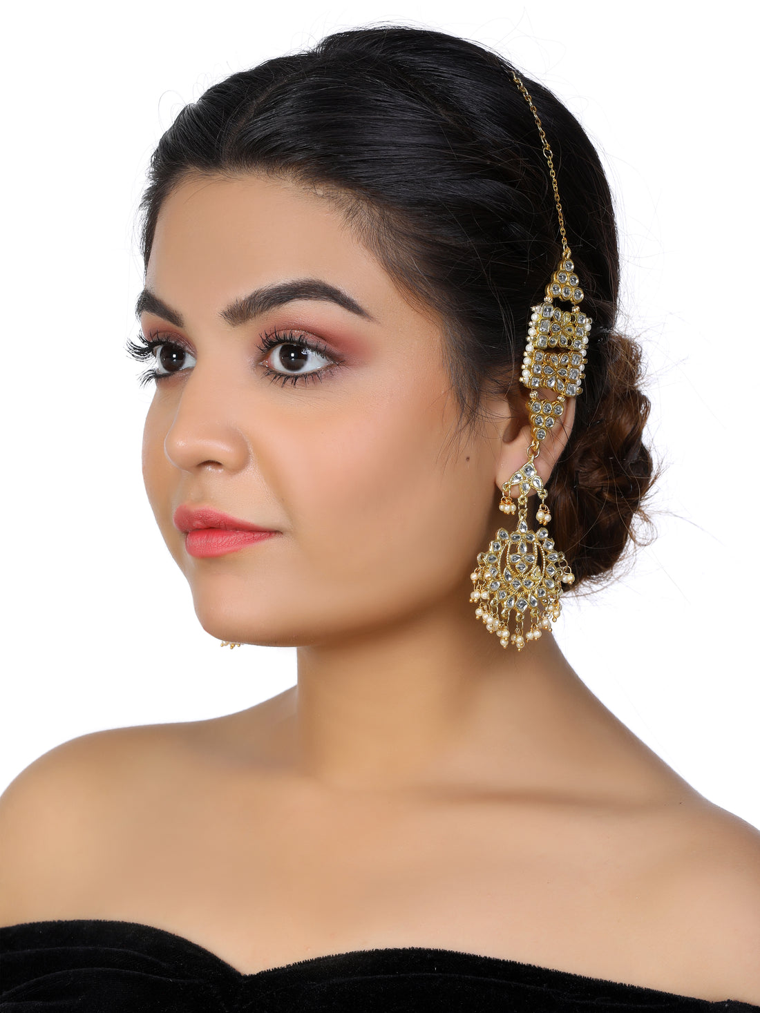Kundan Gold with White Embellishment Kaanchain Earrings