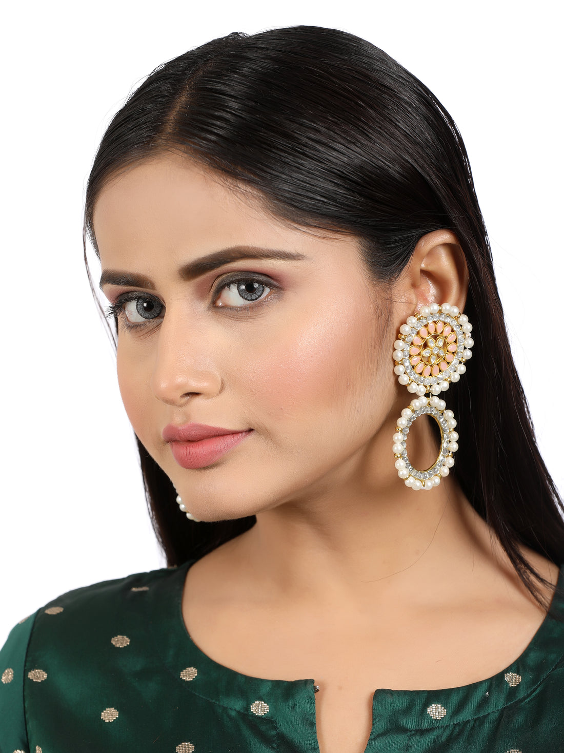Peach Stone Studded Kundan Hoop Earring with White Pearls Detailing