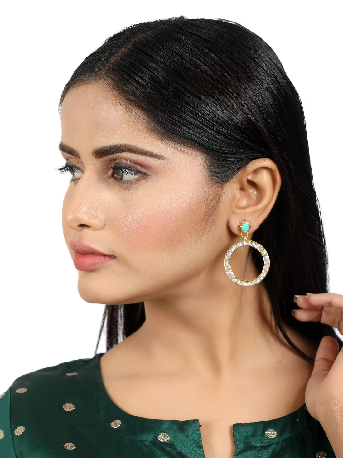 Kundan Hoop Earrings with Aqua Stone
