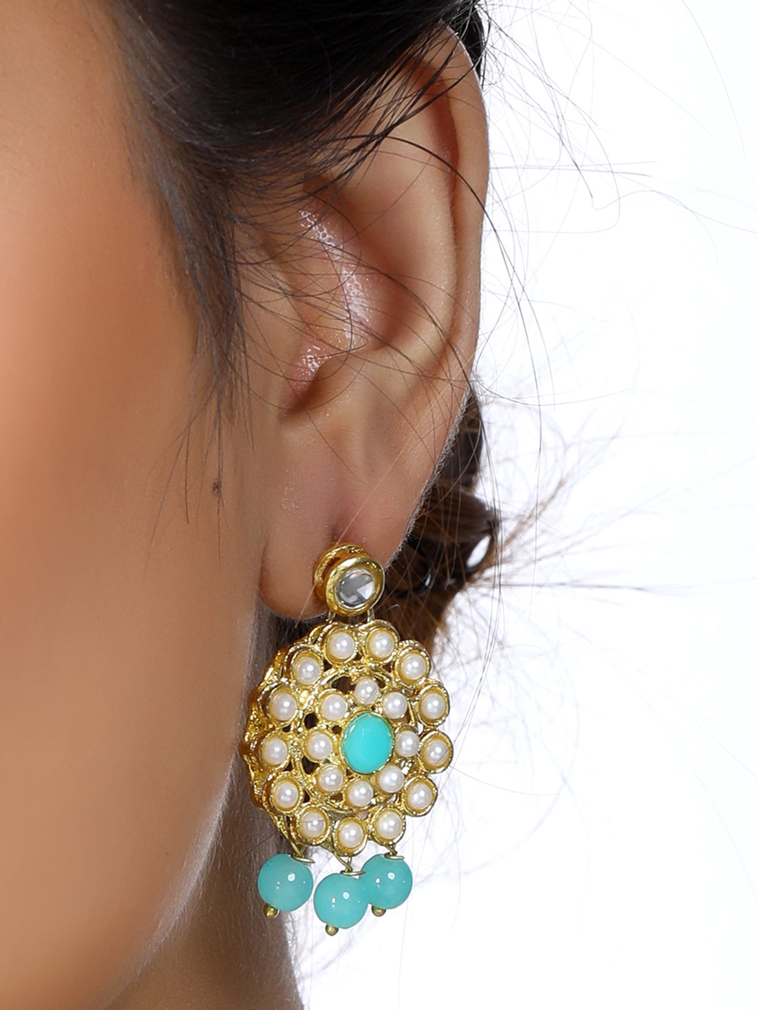 Gold Plated Mint Blue Beads Kundan Dangler Earrings for Women