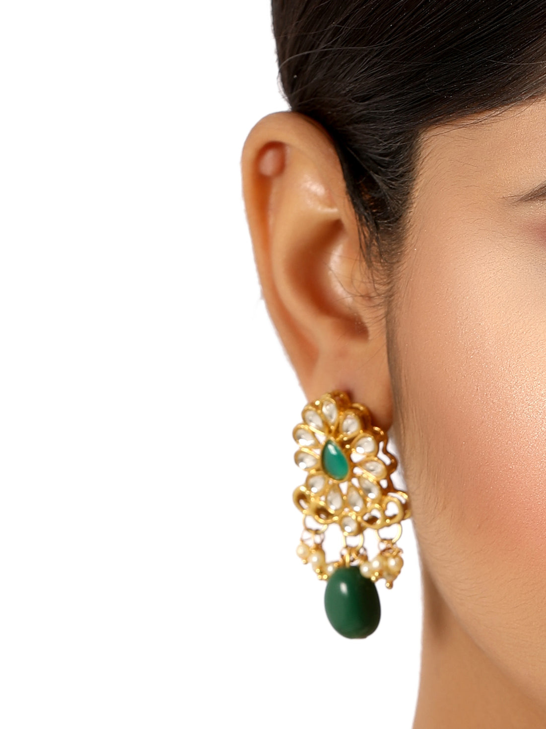Gold Plated Green Bead Kundan Dangler Earrings