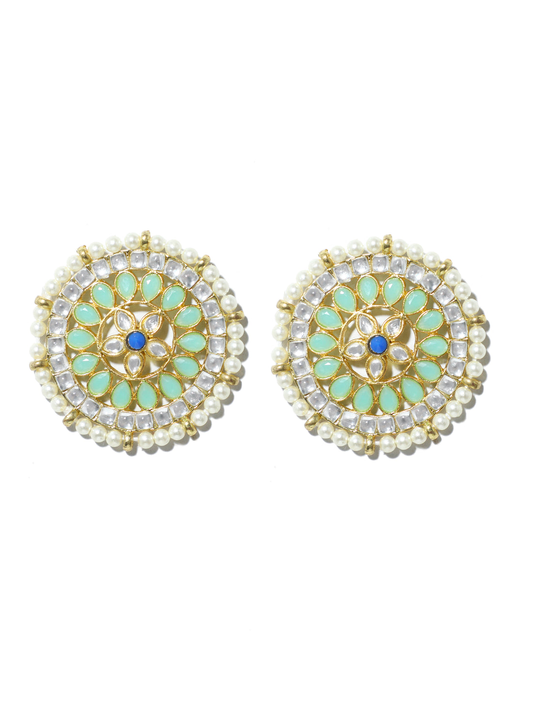 Gold Plated Pearl Beads Lime Green Kundan Stud Earrings with Maangtikka