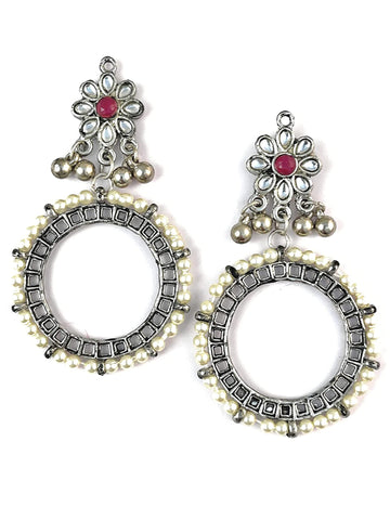 Pearl Studded Oxidised Silver Hoop Earrings