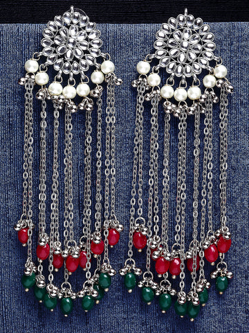 Oxidised Silver Red and Green Kundan Tassel Earrings