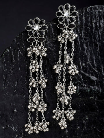 Oxidised Silver Black Kundan Floral Tassel Earrings