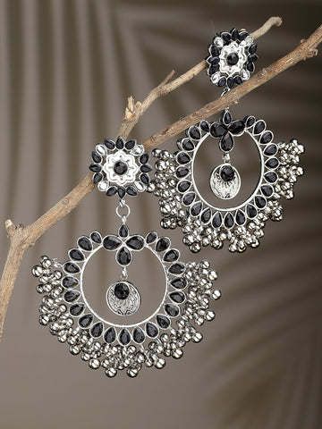 Oxidised Silver Black Kundan Studded Chandbali Earrings