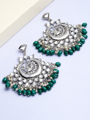Karatcart Oxidised Silver Green Tumble Peacock Shaped Kundan Chandbali Earringsfor Women