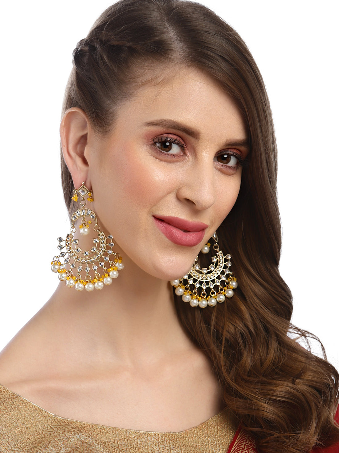 Karatcart Gold Plated Pearl and Yellow Crystal Studded Kundan Chandbali Earrings for Women