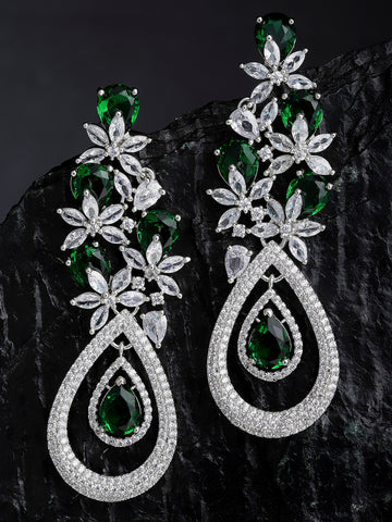 Silver Plated Green CZ and American Diamond Studded Dangler Earrings