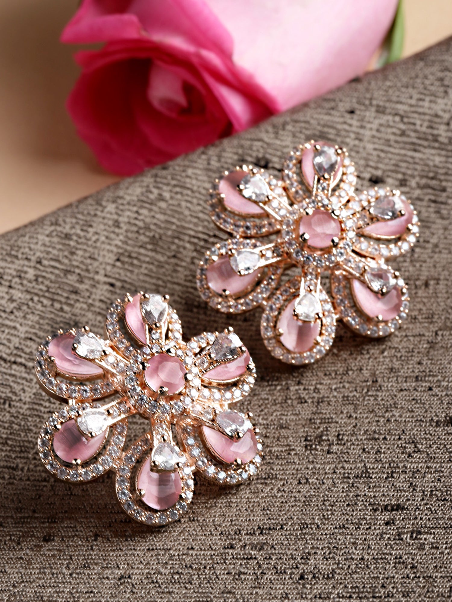 Karatcart Pink Cubic Zirconia Studded Rose Gold Plated Stud Earrings f