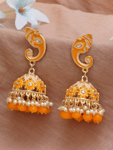 Karatcart Gold Plated Yellow Lord Ganesha Jhumki Earrings for Women