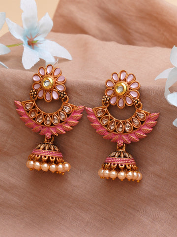 Karatcart Gold Plated Pink Meena Floral Design Jhumki Earrings for Women