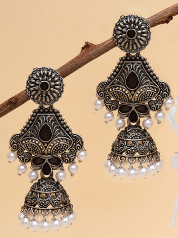 Karatcart Oxidised Silver Handcrafted Black Dangler Jhumki Earrings for Women