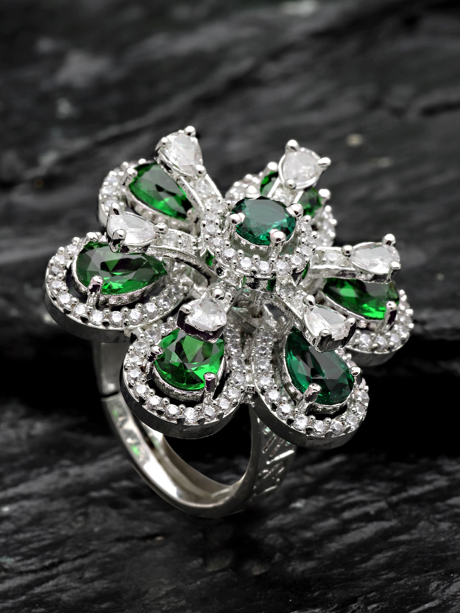 Karatcart Green Cubic Zirconia Studded Silver Tone Adjustable Ring for