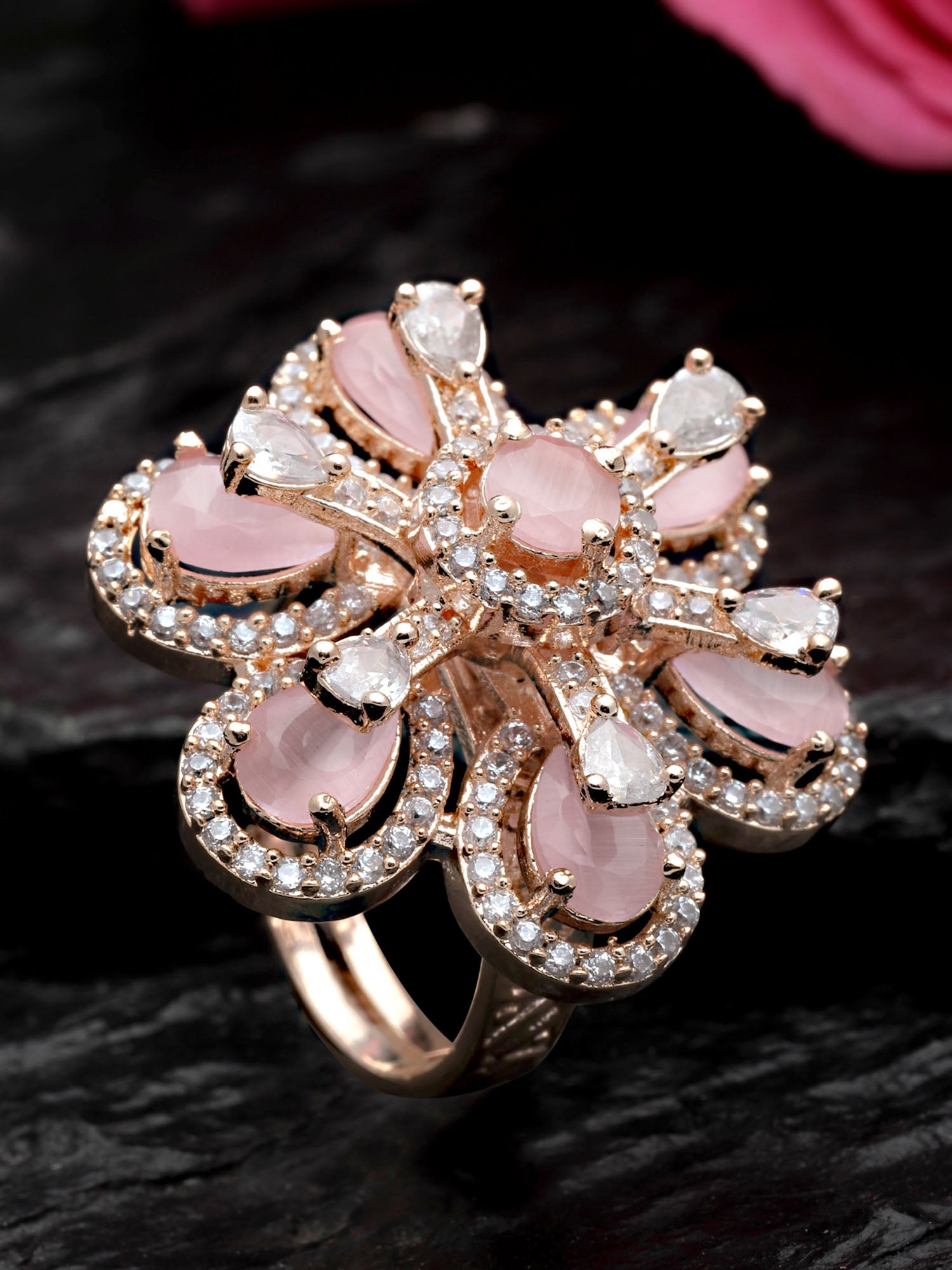Karatcart Pink Cubic Zirconia Studded Rose Gold Plated Adjustable Ring