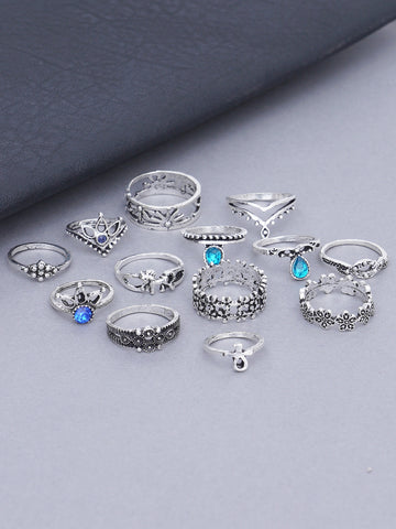 Antique Set of 13 Oxidised Silver Colour Bohemian Midi Rings for Women
