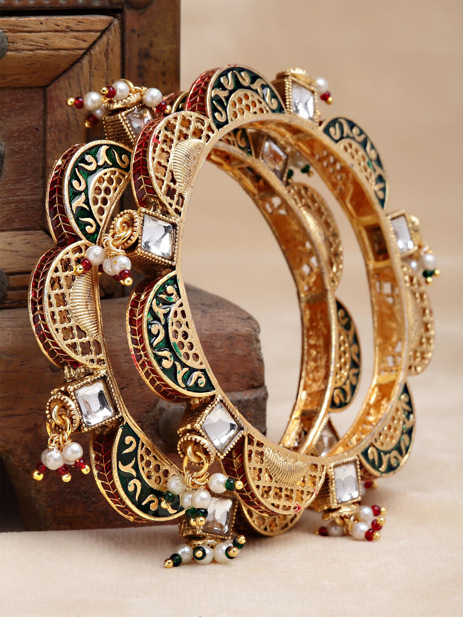 Karatcart Set of Antique Gold Plated Temple Bangles for Women