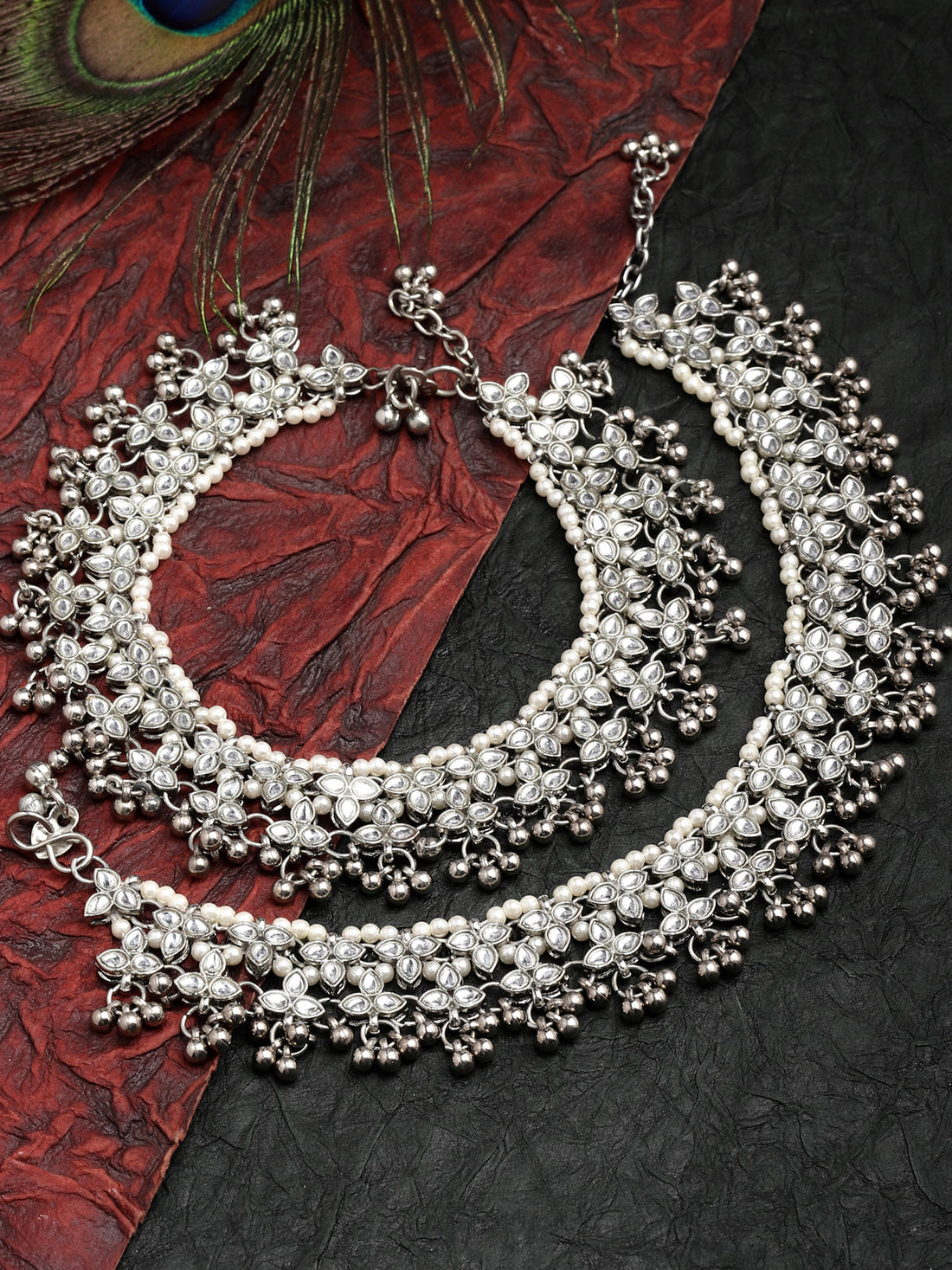 Karatcart Oxidised Silver Floral Kundan Anklet for Women